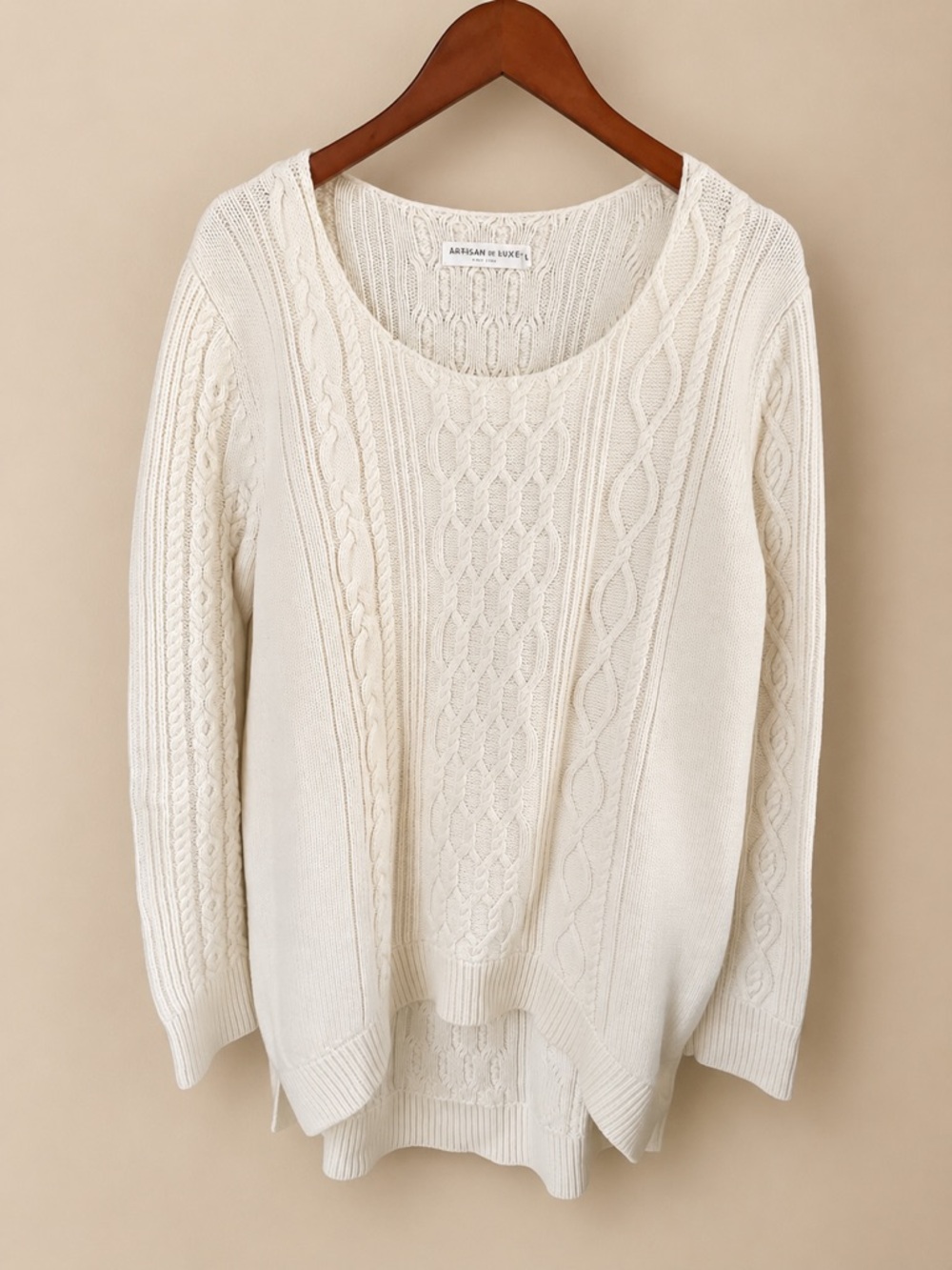 Artisan de Luxe Cable Knit Sweater Wool Cotton Blend Cream Ivory Oversized L - Picture 2 of 5
